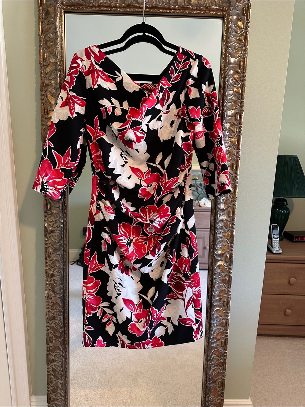 White House Black Market Black Midi Dress with Red & White Floral Design